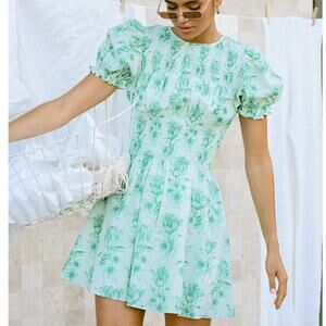 Sabo Skirt Shirred Cotton Puff Sleeve Charlize Tulip Floral Mini Dress XS